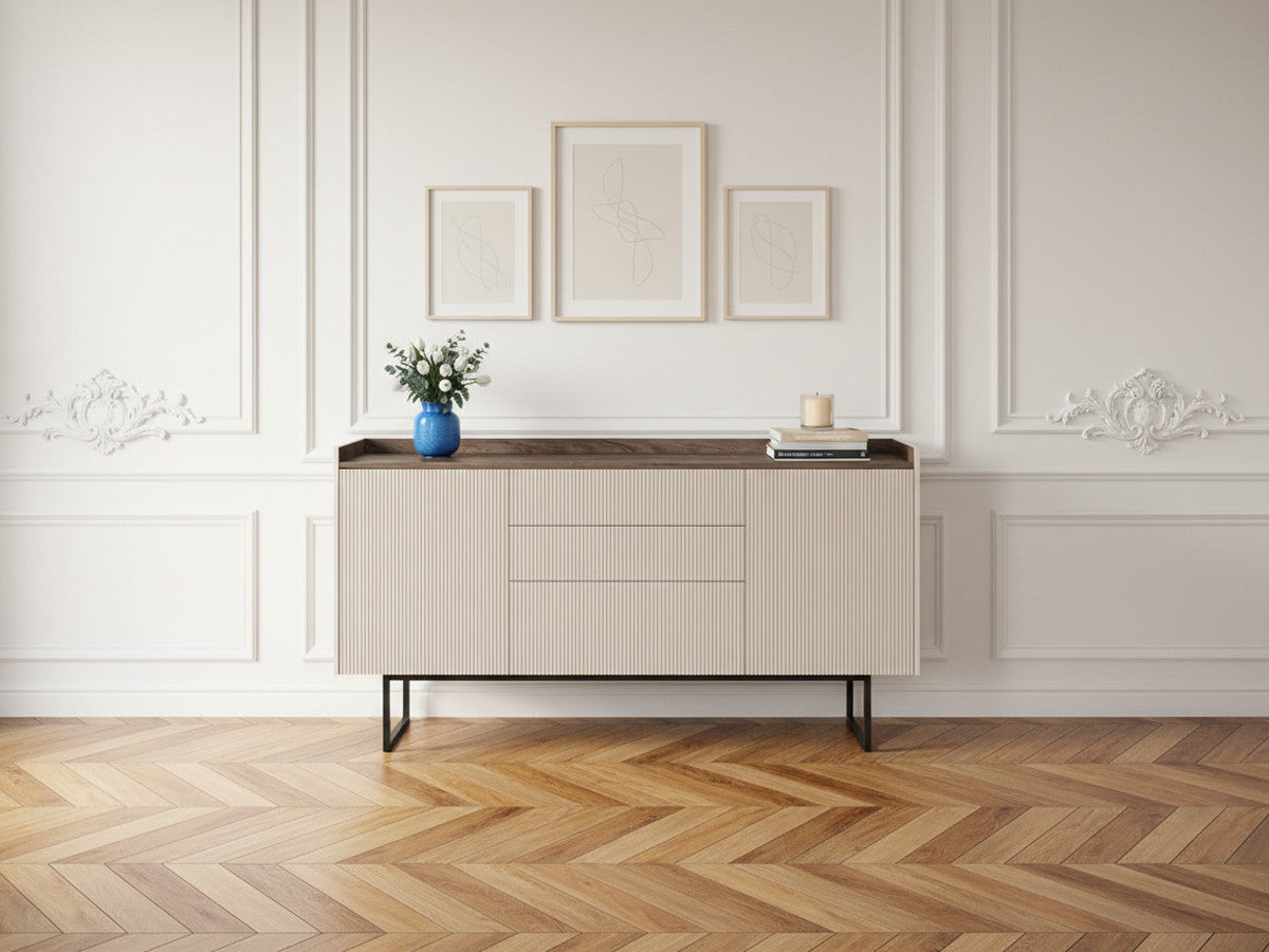 LOUNA 2-deurs dressoir 166 cm beige en houtlook met lamellen en ledverlichting