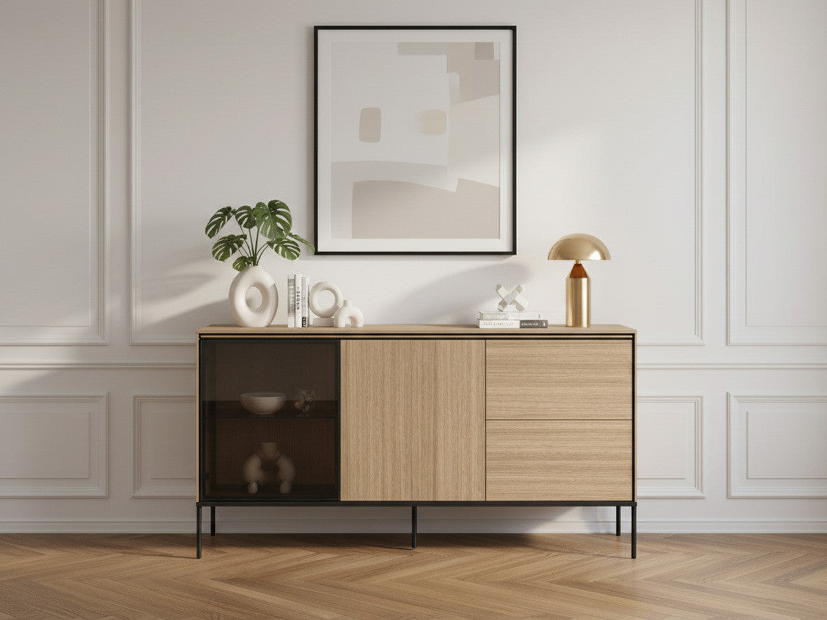 Buffet 2 portes 2 tiroirs 167 cm VERONA effet chêne et verre fumé avec LEDS