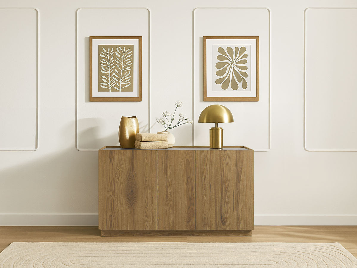 MARION 3-deurs dressoir 140 cm eiken en travertijn effect