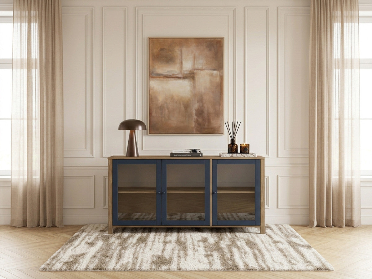 Dressoir met 3 deuren 142 cm LEXIE houteffect en gehard glas