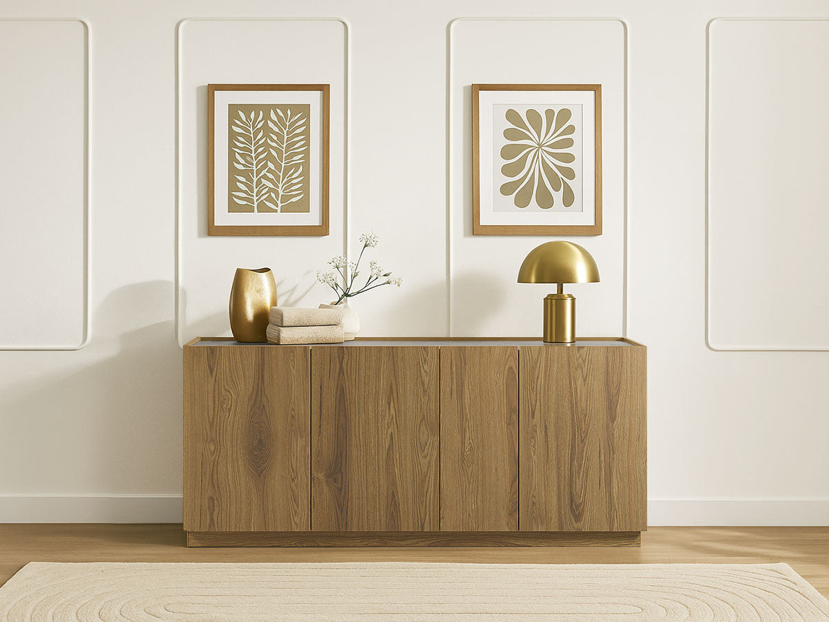 Buffet 4 portes 180 cm MARION effet chêne et travertin