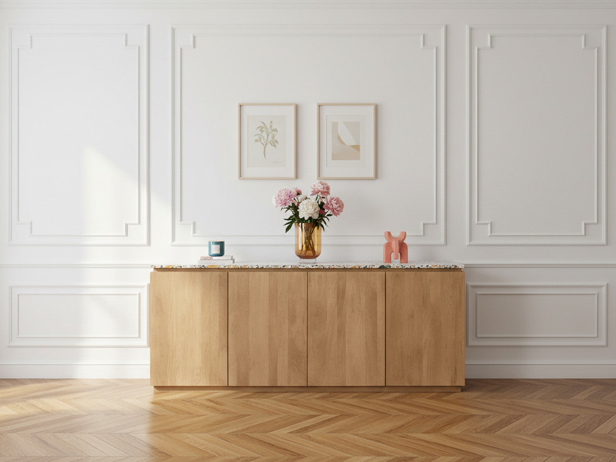 BARBARA 4-deurs dressoir 200 cm massief mangohout en terrazzo