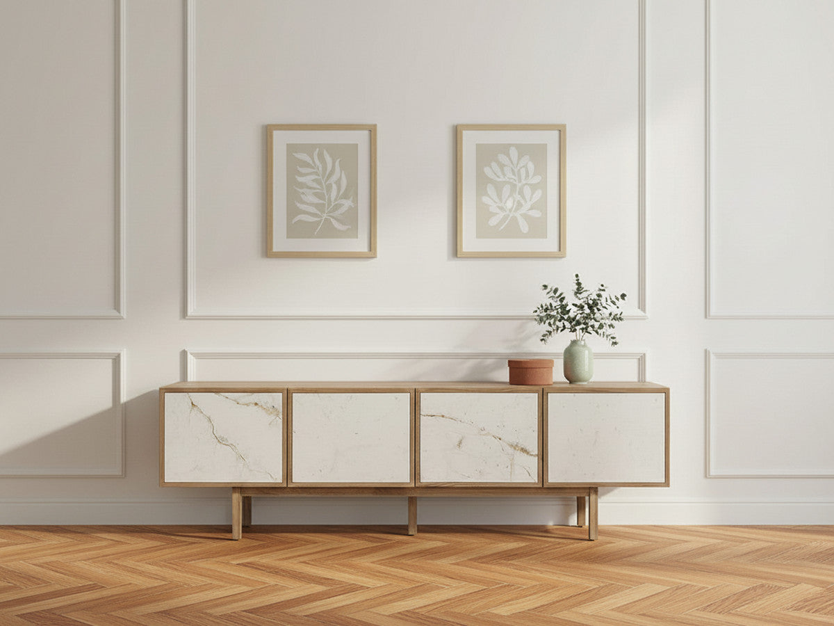 BARI 4-deurs tv-meubel 180 cm massief eiken fineer en keramiek