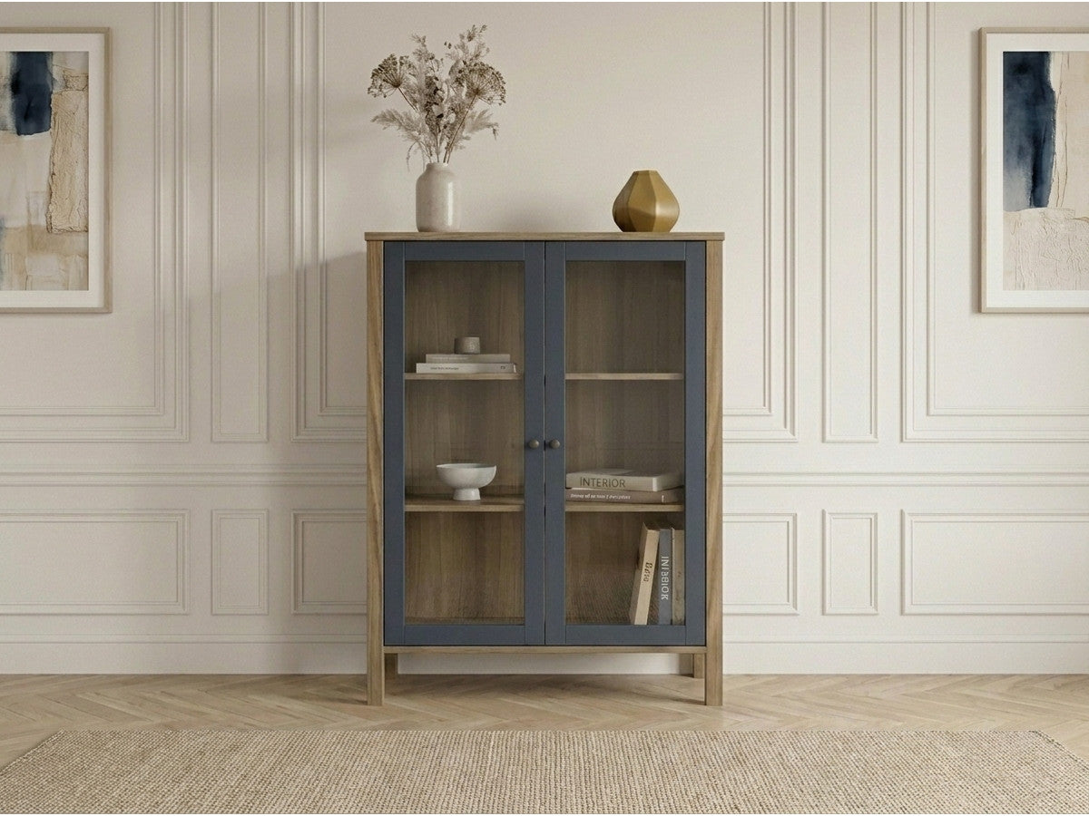 Highboard met 2 deuren 90 cm LEXIE houteffect en gehard glas