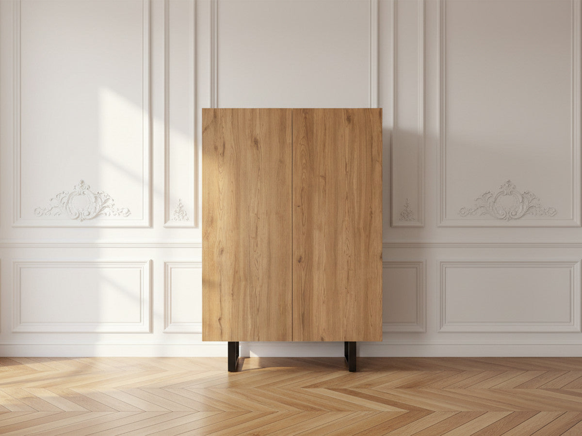 Buffet haut 2 portes 90 cm OPERA effet chêne et imitation marbre noir