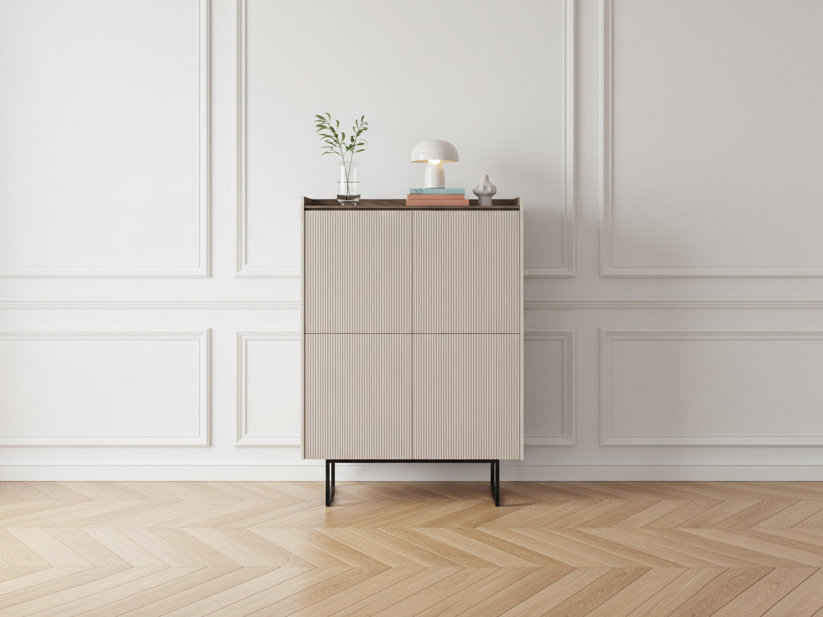 Buffet haut 4 portes 98 cm LOUNA beige et effet bois avec tasseaux et LED