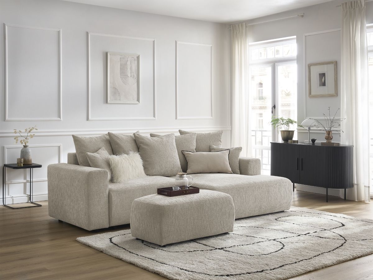 Canapé d'angle convertible coffre ATILLA tissu texturé avec pouf