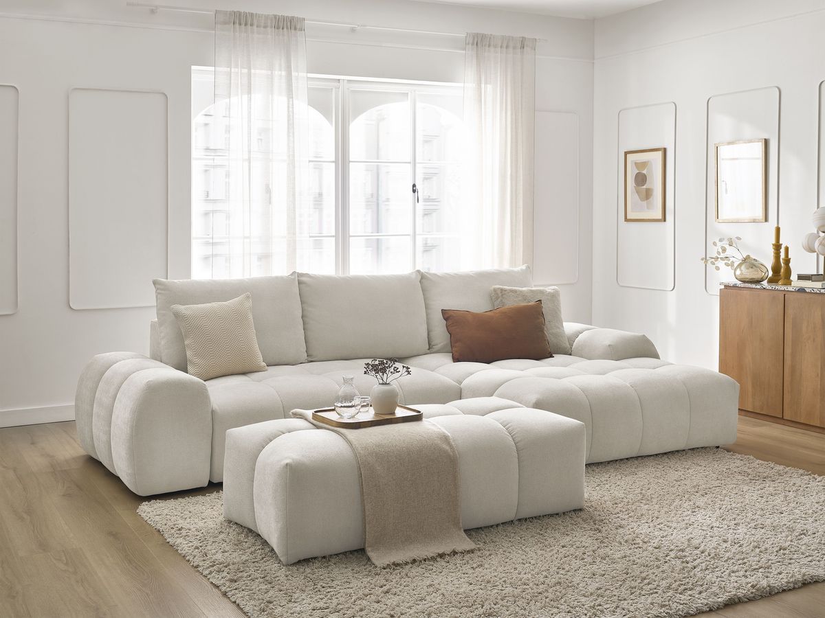 Canapé d'angle convertible coffre EVEREST tissu texturé avec pouf