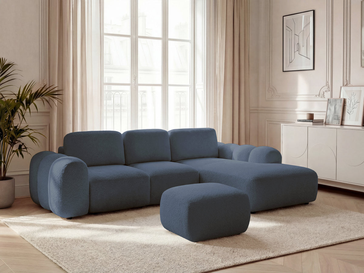 Hoekbank met slaapfunctie en opbergruimte, grote chaise longue, MONTAIGNE, bouclé stof met voetenbank