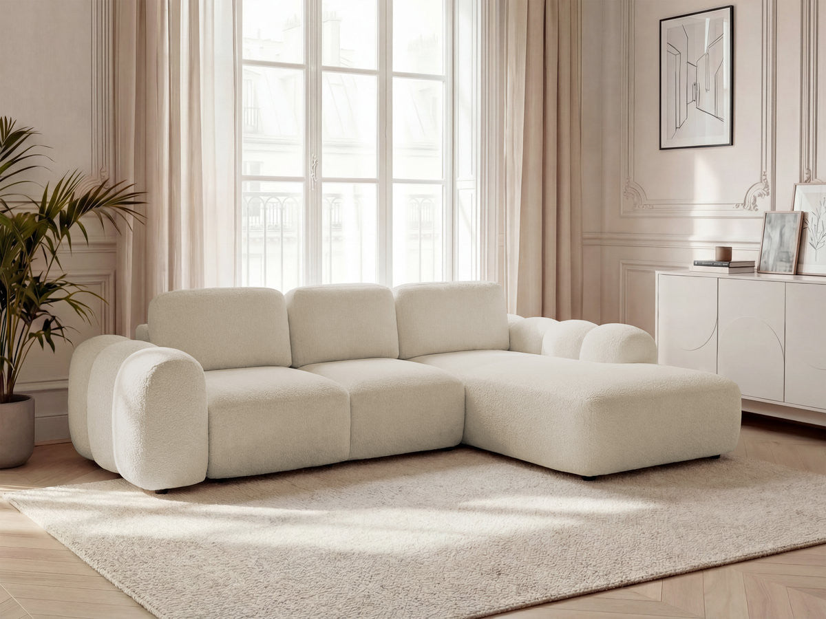 Canapé d'angle convertible coffre grande méridienne MONTAIGNE tissu bouclette