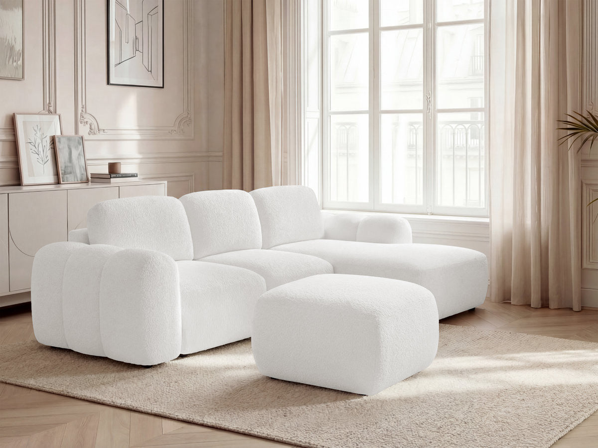 MONTAIGNE hoekbank met slaapfunctie, opbergruimte, bouclé stof en voetenbank.