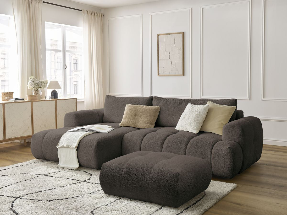 Canapé d'angle convertible FUJI tissu bouclette avec pouf