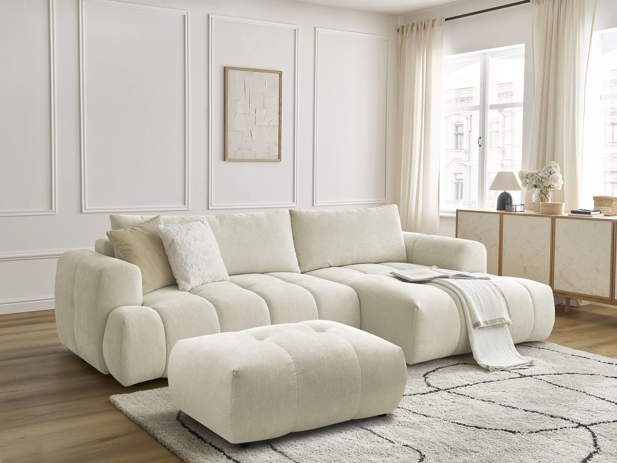 Canapé d'angle convertible FUJI tissu lisse avec pouf