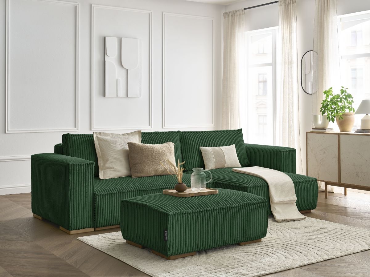 Canapé d'angle convertible réversible coffre CHELSEA gros côtelé doux avec pouf