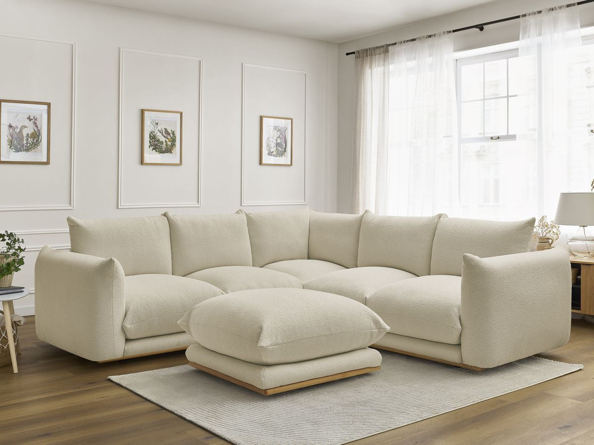 Canapé d'angle fixe ERNEST tissu bouclette avec pouf