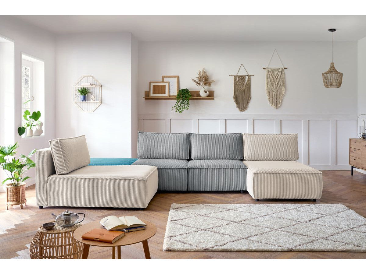 Canapé d'angle fixe 100% modulable NIHAD tissu velours côtelé 2 chauffeuses, 1 pouf et 2 méridiennes