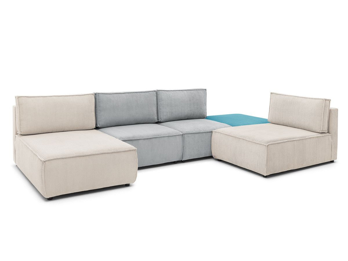 Canapé d'angle fixe 100% modulable NIHAD tissu velours côtelé 2 chauffeuses, 1 pouf et 2 méridiennes