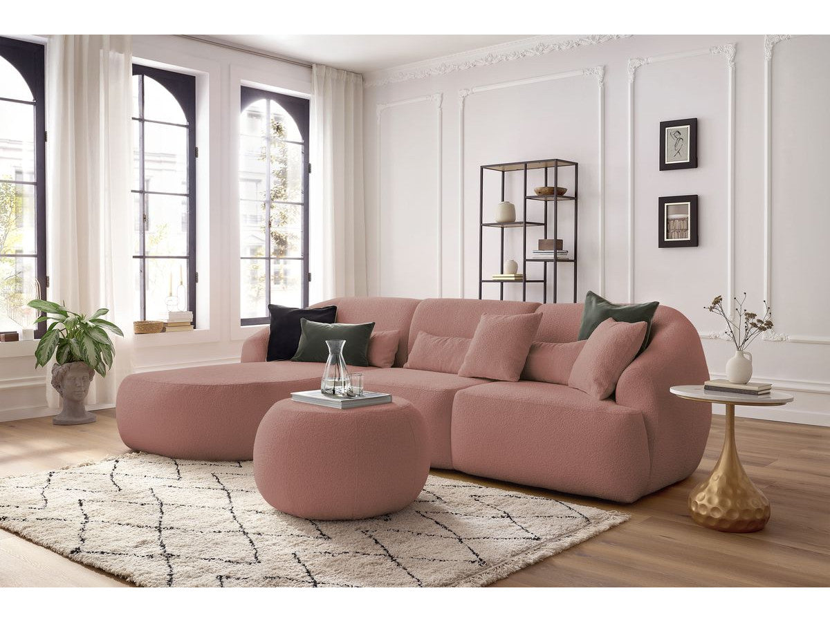 Canapé d'angle fixe ALESIA tissu bouclette avec pouf