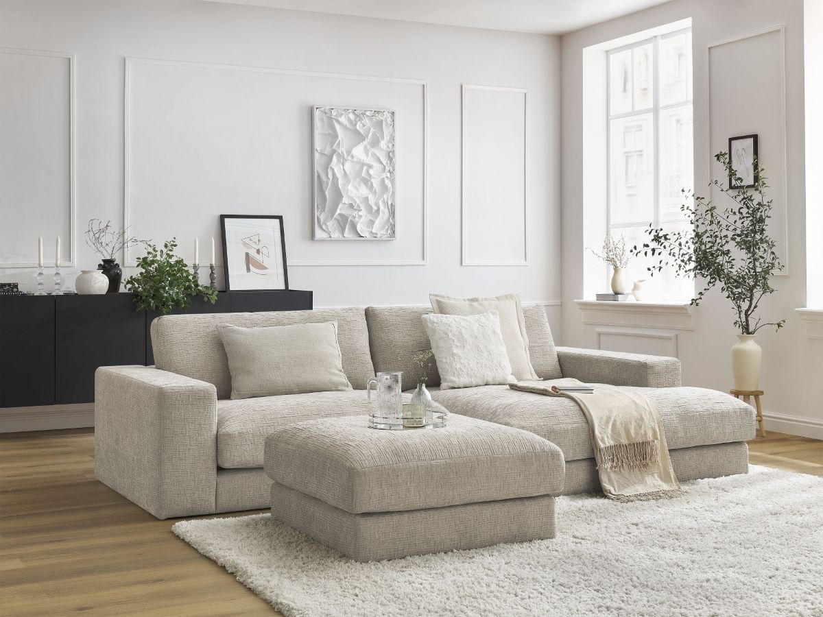 Canapé d'angle fixe compact LEONARD tissu texturé avec pouf