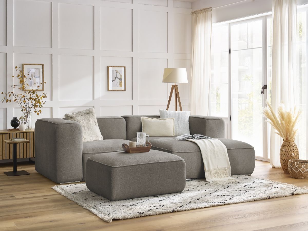 Canapé d'angle fixe compact ZEPHYR avec pouf