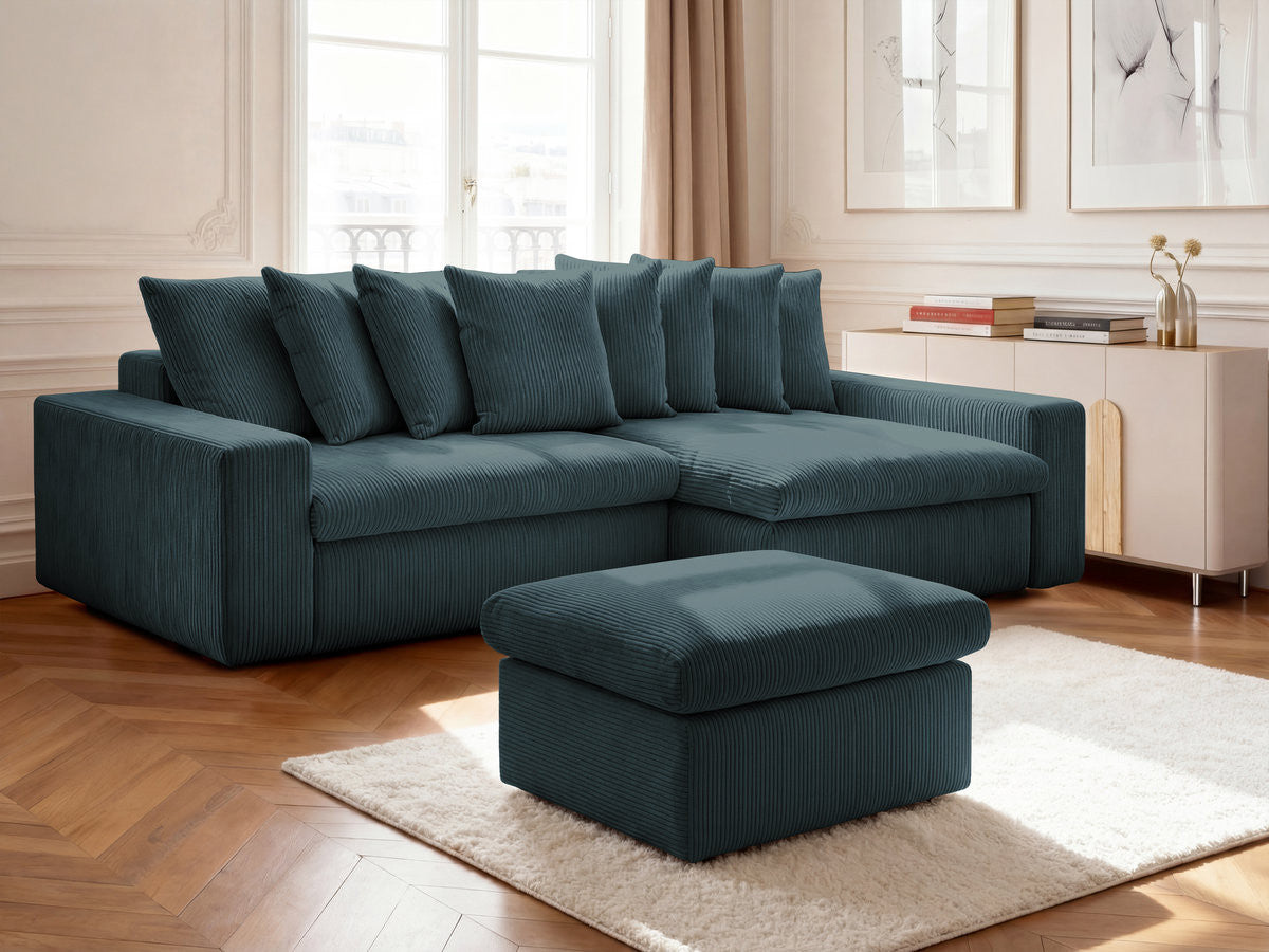 Canapé d'angle fixe ENORE velours côtelé avec pouf