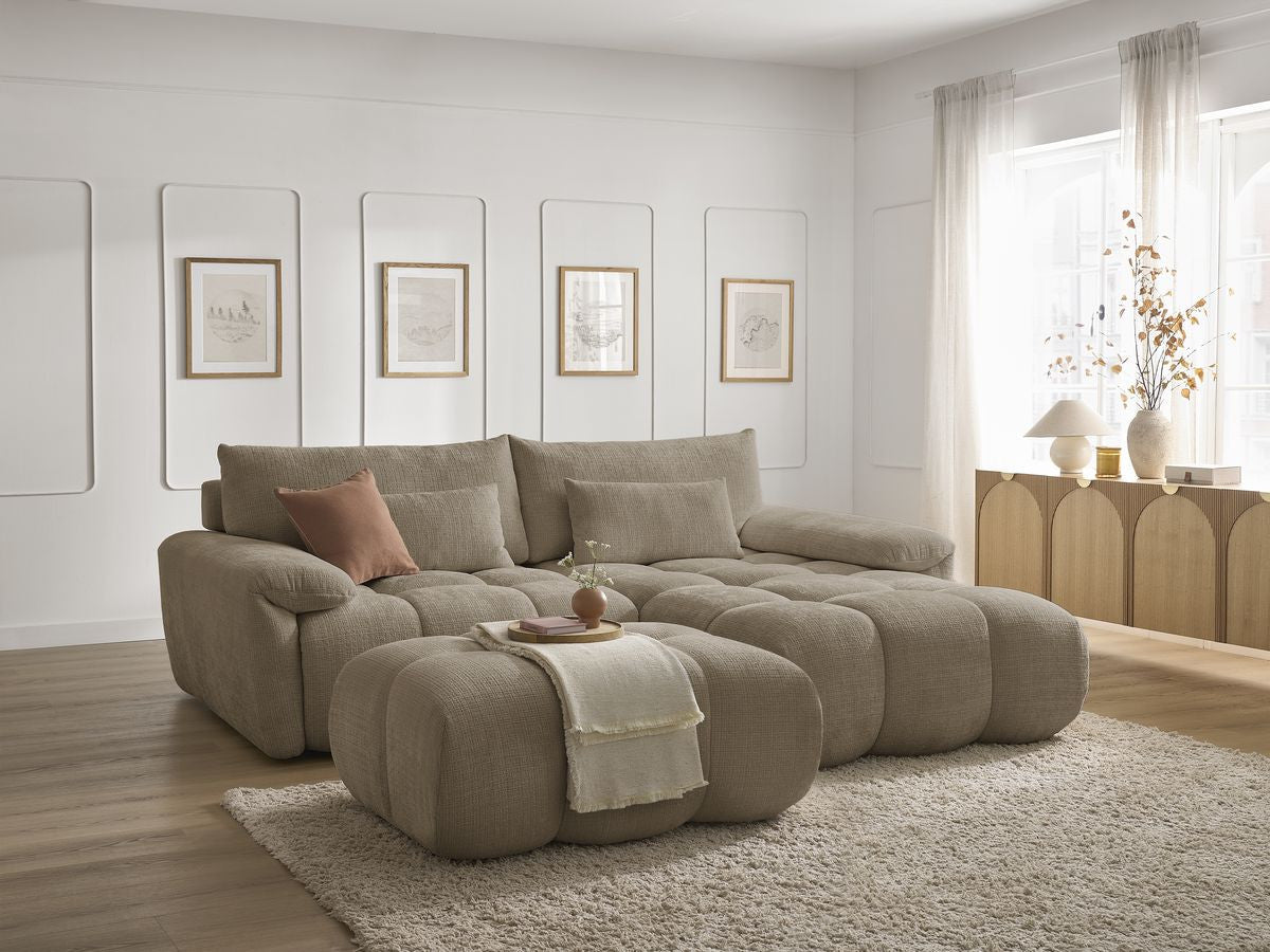 Canapé d'angle fixe IVANE tissu texturé avec pouf