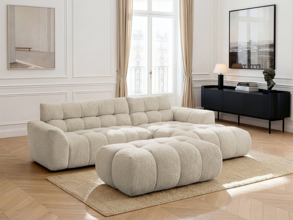 Canapé d'angle fixe JAYA tissu chenille avec pouf
