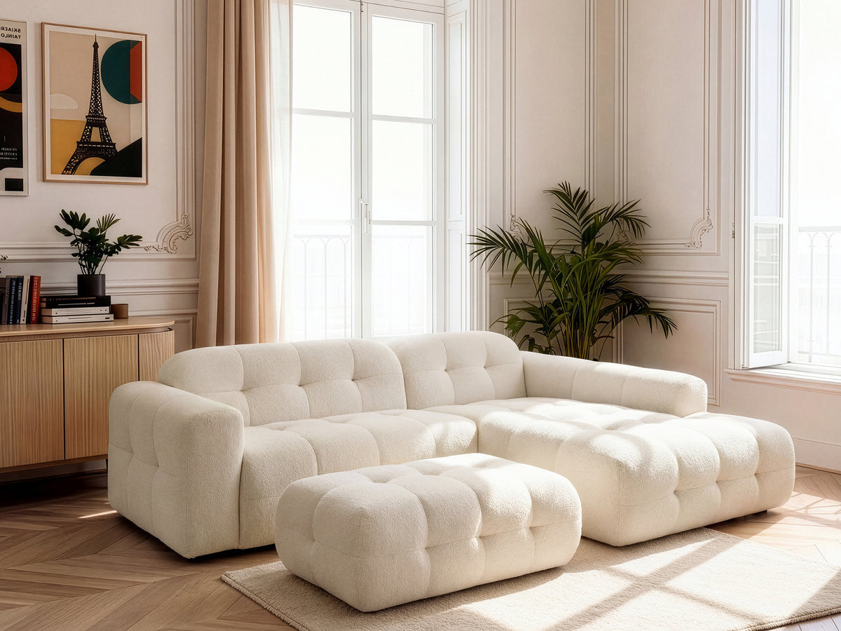 Canapé d'angle fixe LAURA tissu chiné avec grand pouf