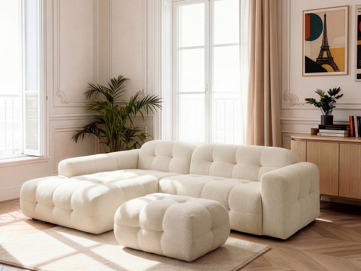 LAURA vaste hoekbank in gemęleerde stof met kleine poef