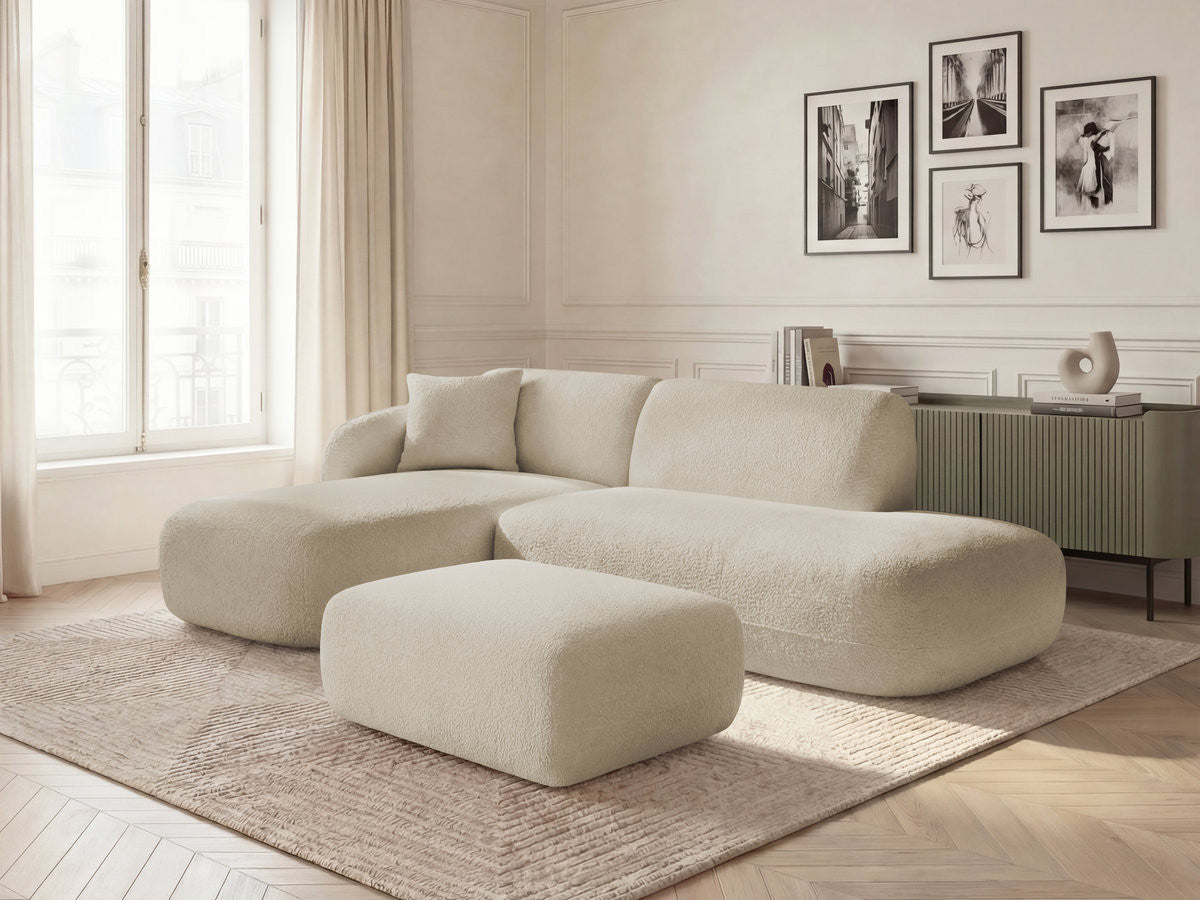 ANDA modulaire hoekbank met vaste opstelling, bestaande uit 1 chaise longue, 1 fauteuil en 1 poef.