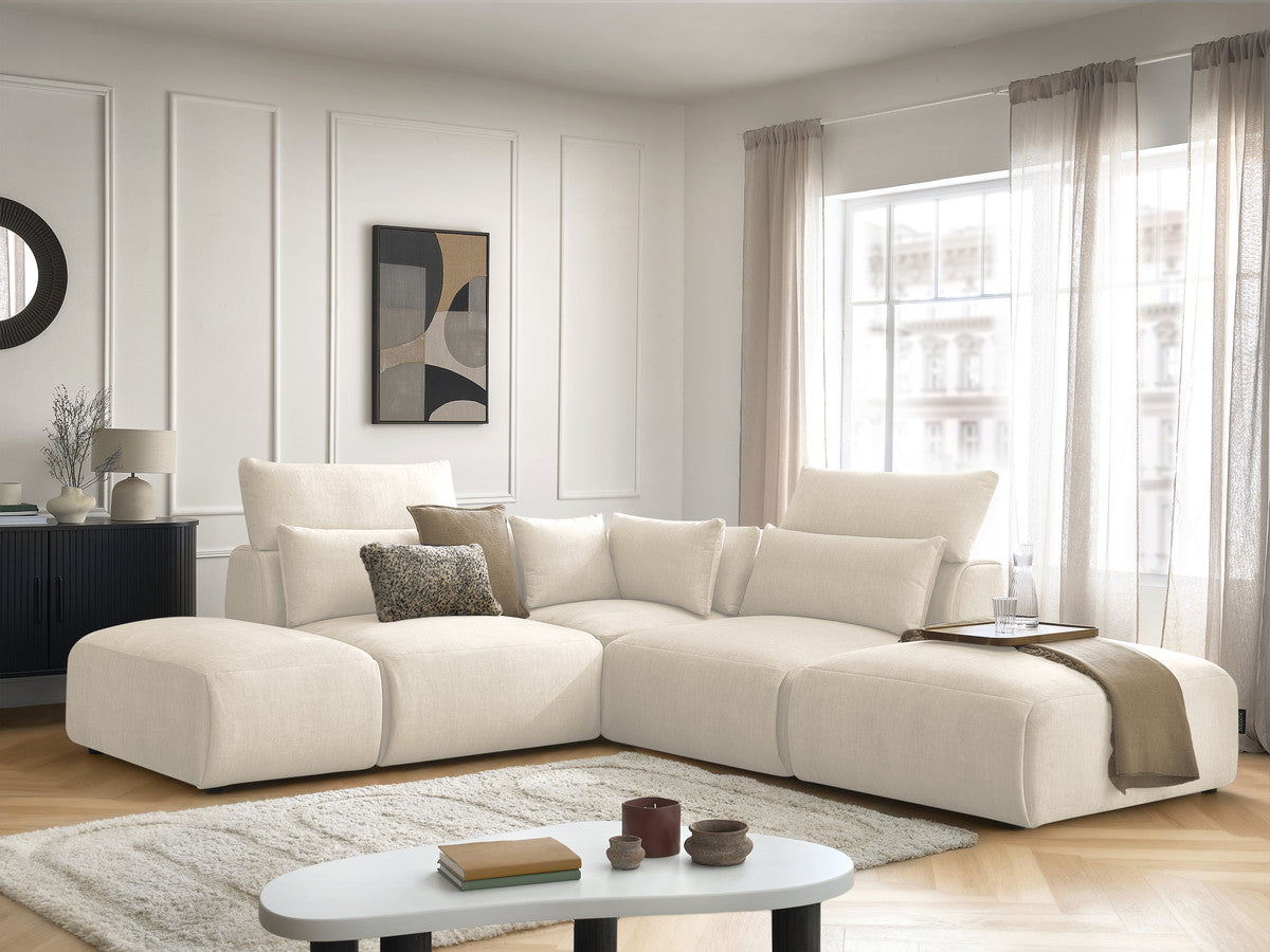 Modulaire vaste hoekbank met hoofdsteunen JANA fluwelen stof met 2 fauteuils, 1 hoekelement en 2 poefs