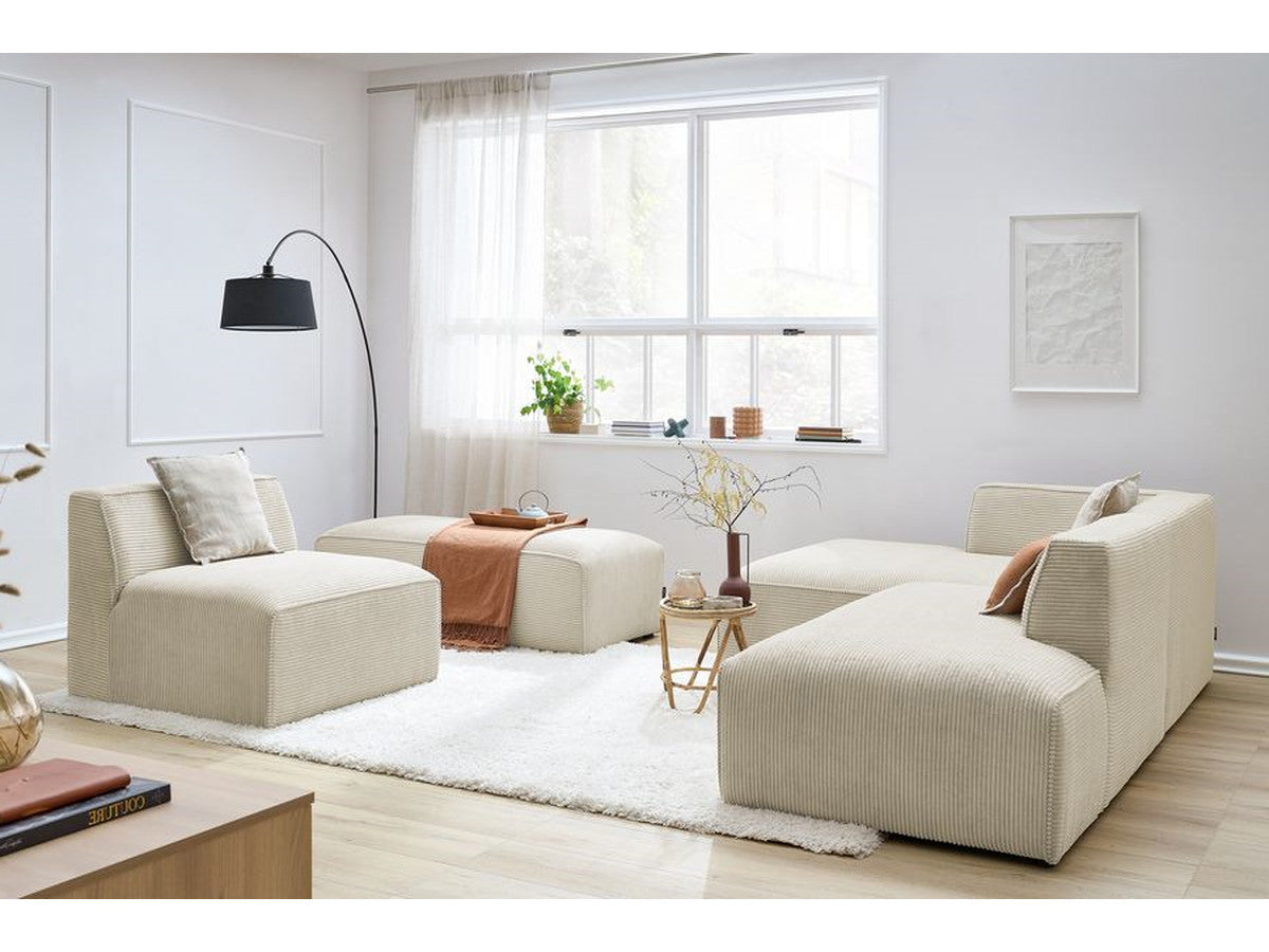 Canapé d'angle fixe modulable MEGEVE tissu velours côtelé avec 1 chauffeuse et 1 pouf