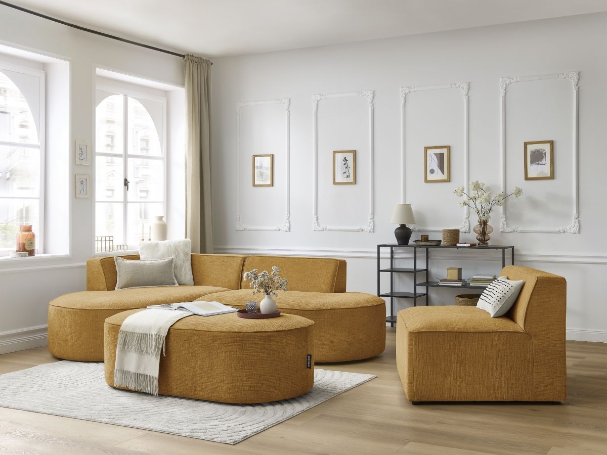 Canapé d'angle fixe modulable ROUSSEAU tissu texturé avec 1 chauffeuse et 1 pouf