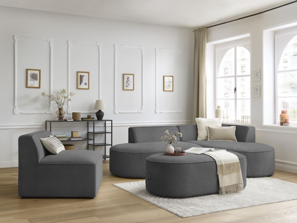 ROUSSEAU vaste modulaire hoekbank in corduroy met 1 fauteuil en 1 poef