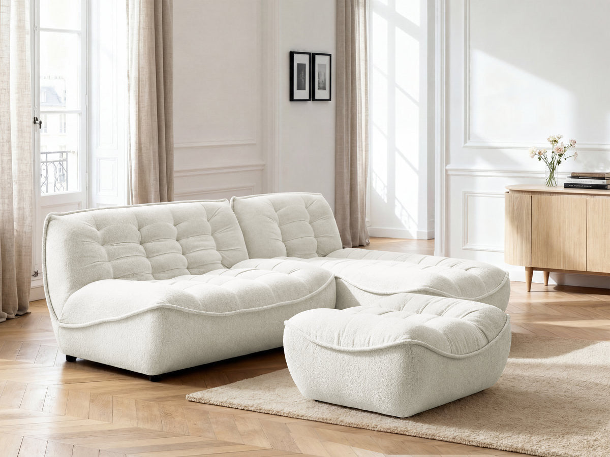 Canapé d'angle fixe modulable SERENA tissu chiné avec pouf
