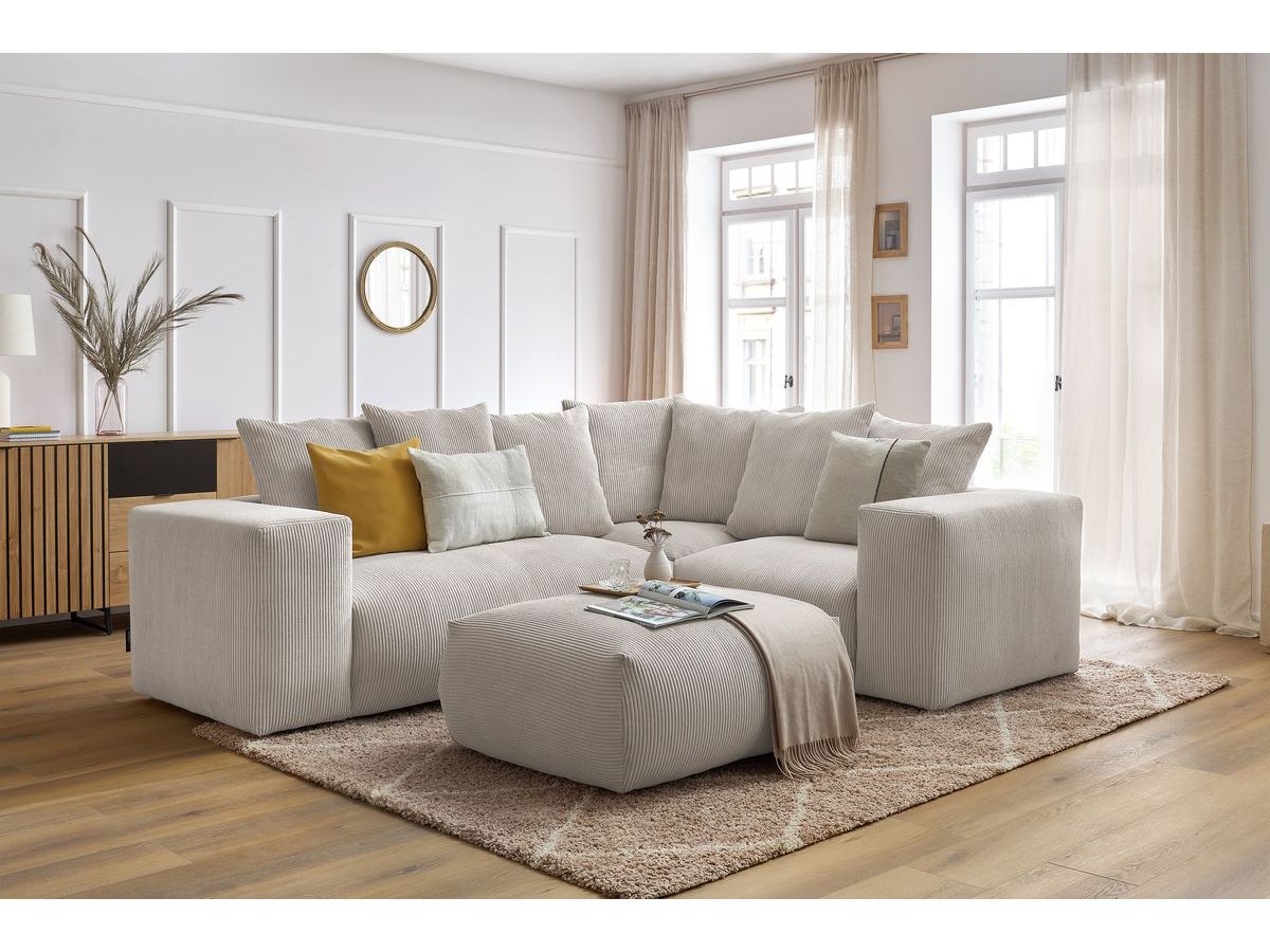 Canapé d'angle fixe modulable VOLTAIRE avec 1 chauffeuse 2 places, 1 angle, 1 chauffeuse 1 place et 1 pouf