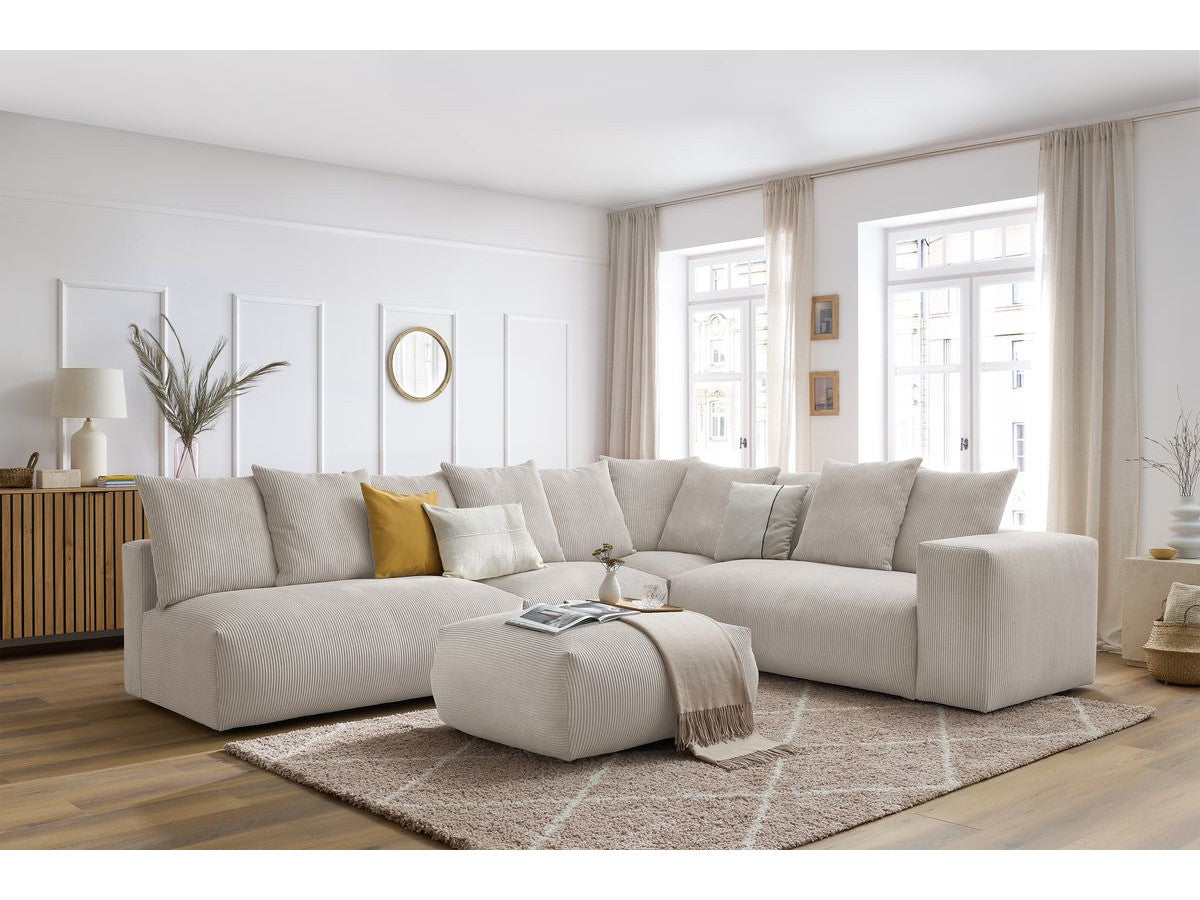 Canapé d'angle fixe modulable VOLTAIRE avec 2 chauffeuses 2 places, 1 angle, 1 chauffeuse 1 place et 1 pouf