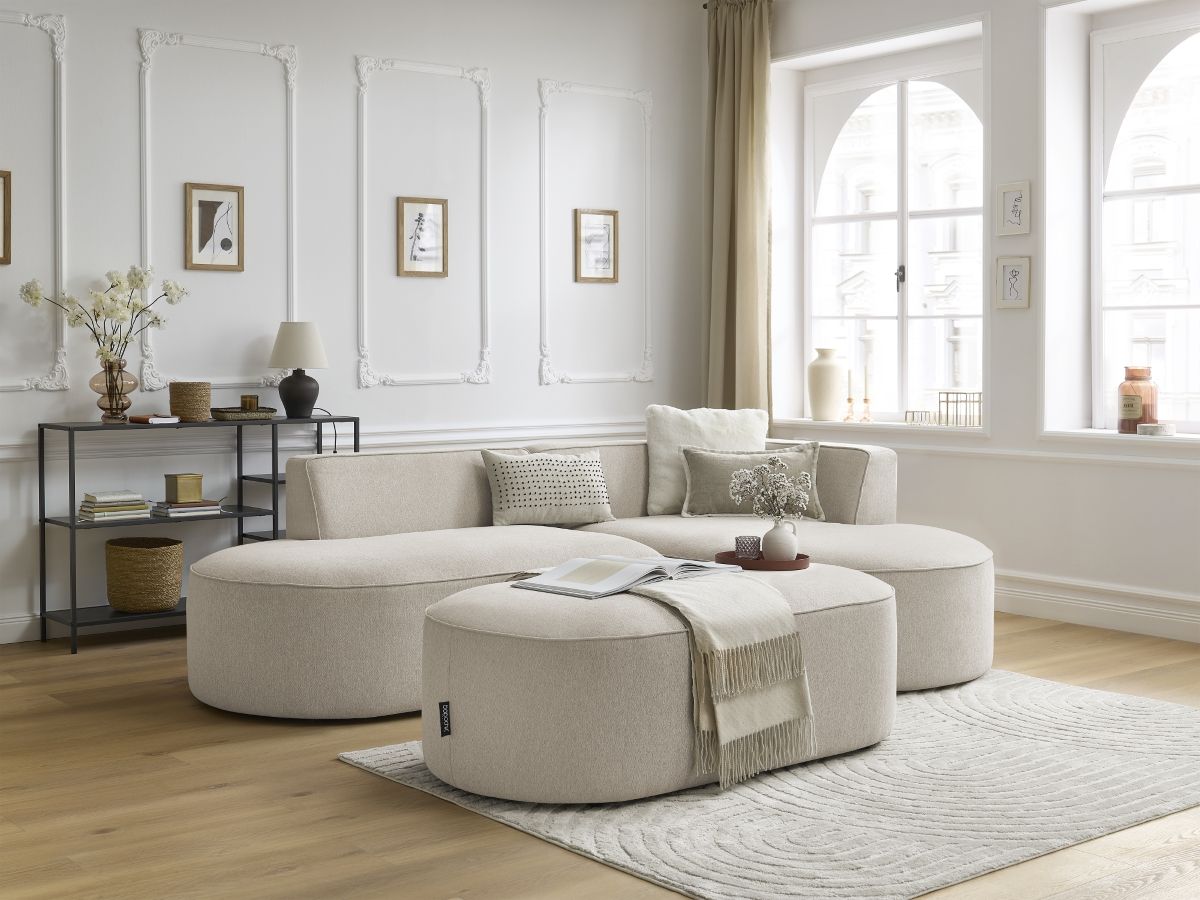 Canapé d'angle fixe ROUSSEAU tissu chiné avec pouf