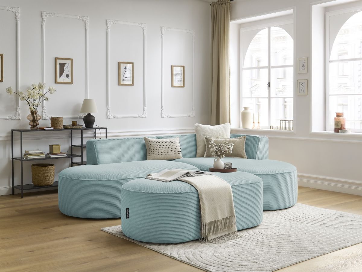 Canapé d'angle fixe ROUSSEAU velours côtelé avec pouf