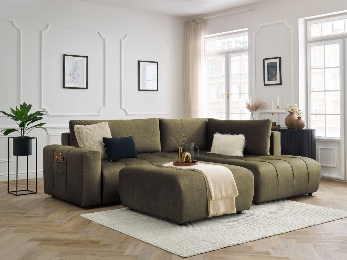 Canapé d'angle L convertible coffre ARSENE tissu velours avec pouf