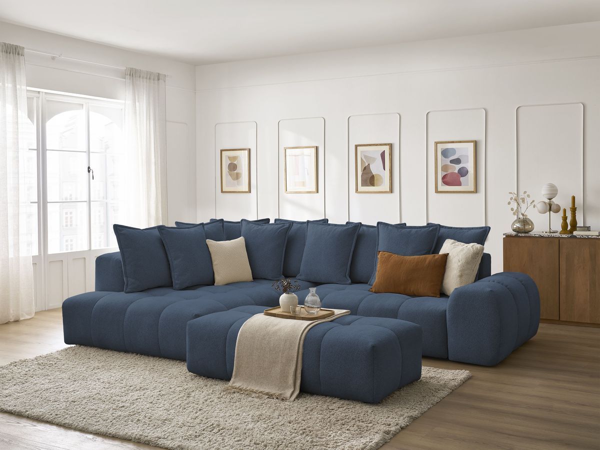 Canapé d'angle L convertible coffre EVEREST tissu chiné avec pouf