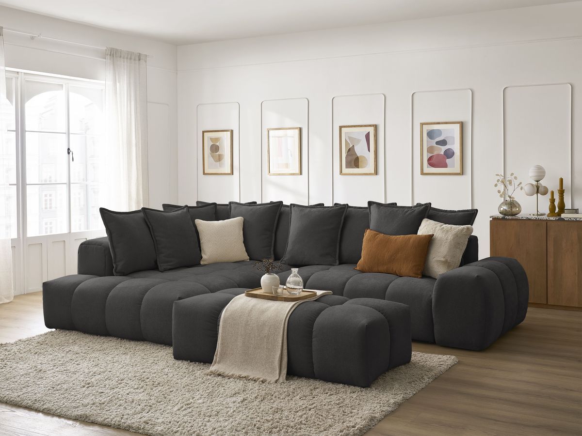 Canapé d'angle L convertible coffre EVEREST tissu texturé avec pouf