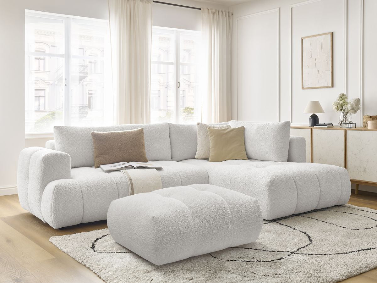 Canapé d'angle L convertible FUJI tissu bouclette avec pouf