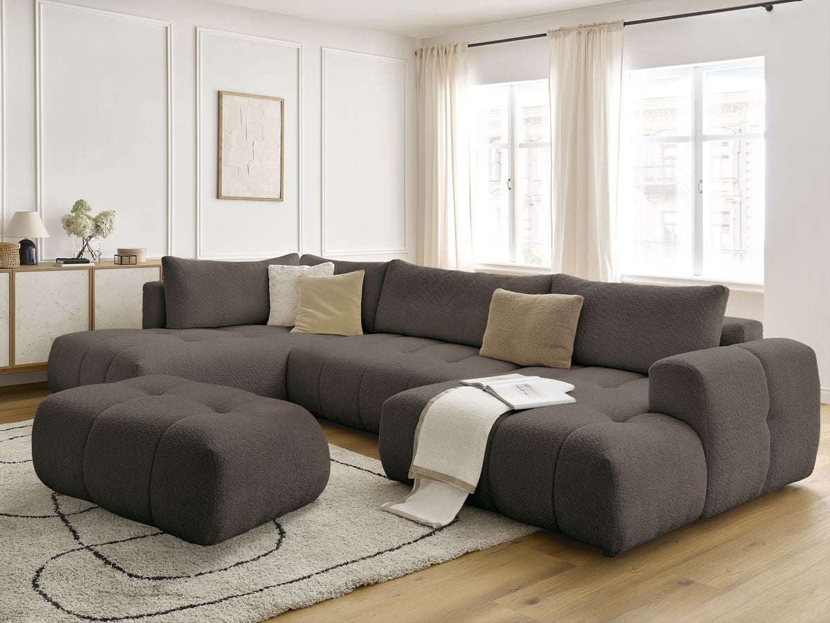 Canapé panoramique convertible FUJI tissu bouclette avec pouf