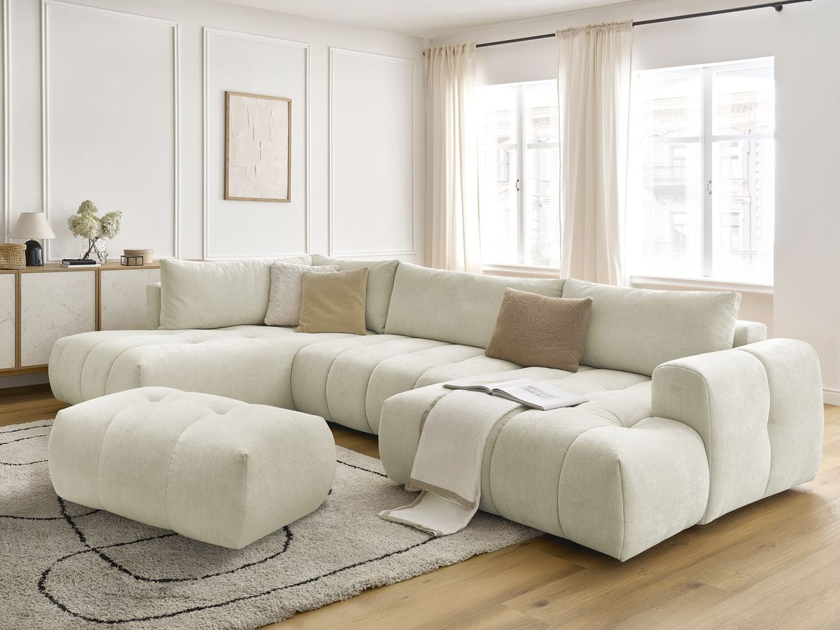 Canapé panoramique convertible FUJI tissu lisse avec pouf