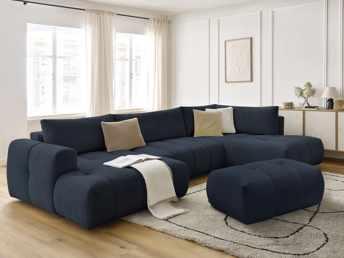 Canapé panoramique convertible FUJI tissu lisse avec pouf