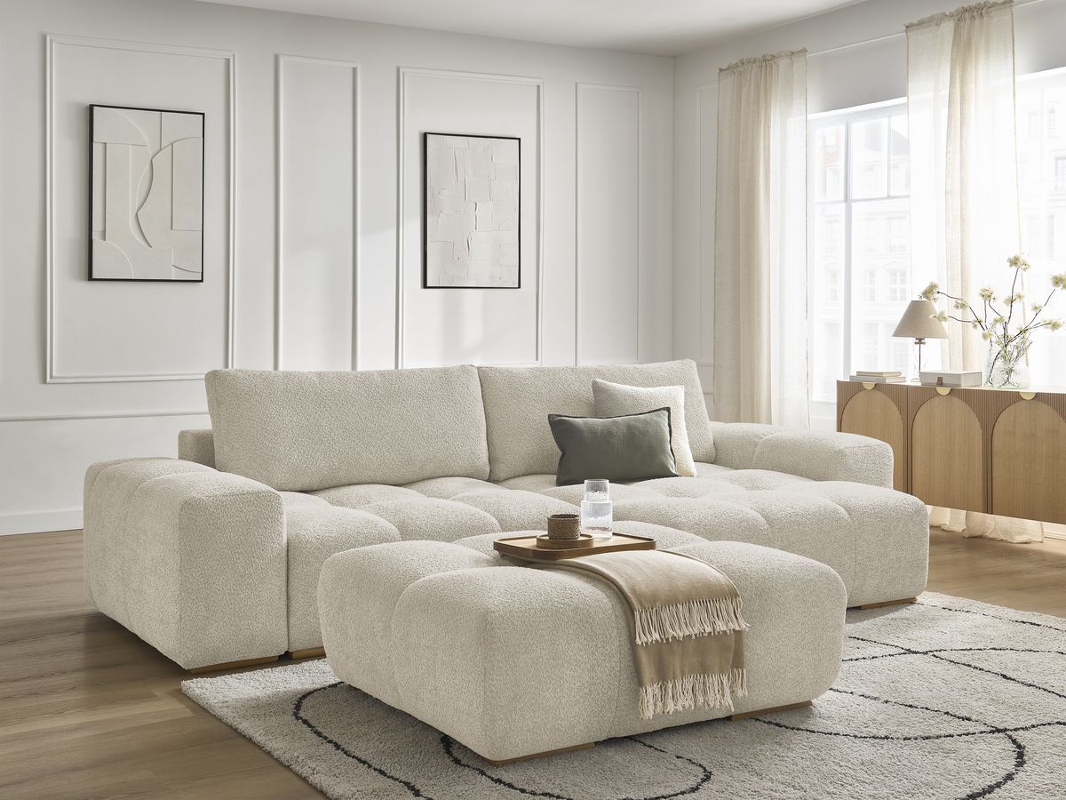 Canapé d'angle réversible ANAKIN tissu bouclette avec pouf