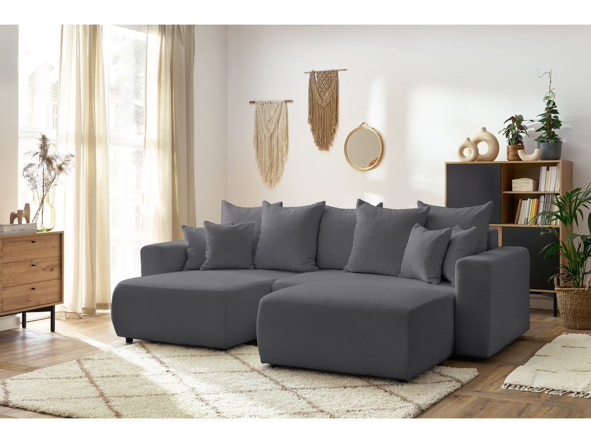Canapé d'angle réversible convertible coffre ENVY tissu bouclette doux avec pouf rectangulaire