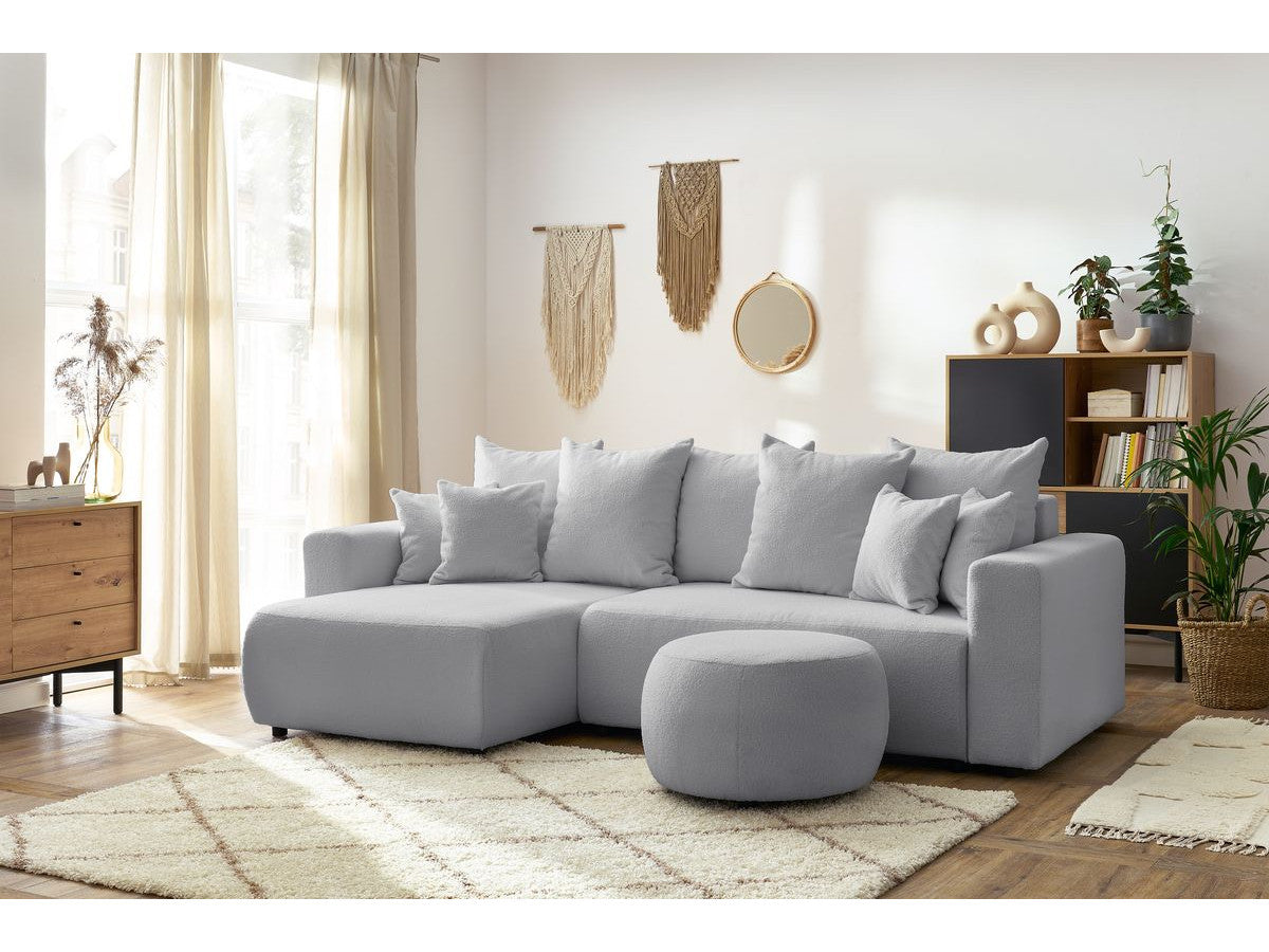 Canapé d'angle réversible convertible coffre ENVY tissu bouclette doux avec pouf rond