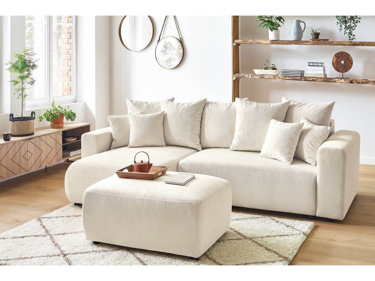 Canapé d'angle réversible convertible coffre ENVY velours côtelé avec pouf